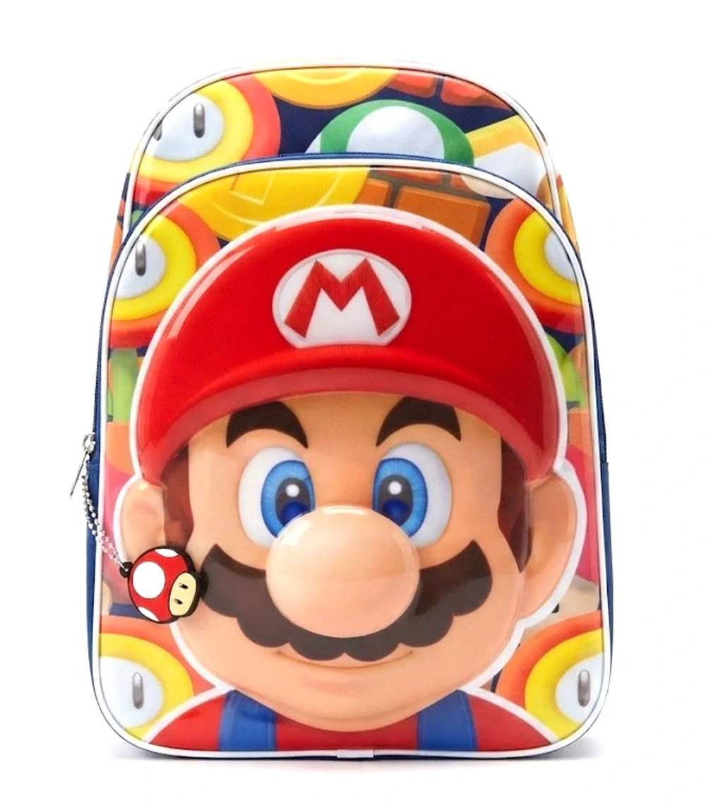 Brand New Nintendo Super Mario 3D Molded Face Kids Backpack / Mushroom Keychain
